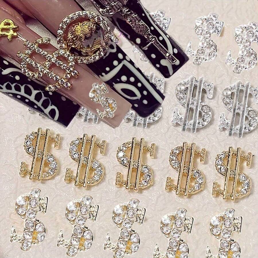 20入組美元和符號美甲裝飾，金屬和鑽石點綴DIY美甲裝飾美甲用品 - 彩色 - 查看 1