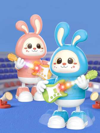 Decoración navideña 1 pieza Juguete con forma de conejito guitarrista lindo para niños con sonido, luces y música para educación temprana, ensamblaje aleatorio de pieza, patrón, color, tamaño y empaque