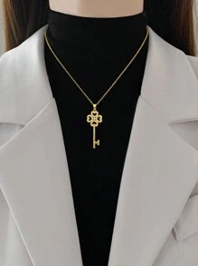 1pc Stainless Steel Lucky Clover Key Shaped Gorgeous Full Rhinestone Pendant Necklace For Women Valentines,Mom,Mother,Mother's Day,Gift