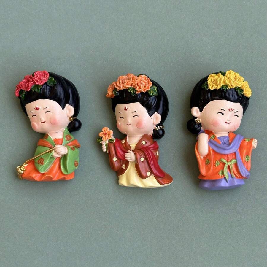 1pc Creative 3d Resin Fridge Magnet Decor Featuring A Beautiful Dressed-Up Chinese Lady Playing Various Musical Instruments Surrounded By Peony, Chinese Cabbage And Swallow - Multicolor - View 1