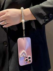 High-End 3d White Pearl Heart & Beautiful Gradient Pink Phone Case With Lens Film And Detachable Hand Strap, Compatible With Apple Iphone 15promax, Iphone14/12/11/13pro/14pro
