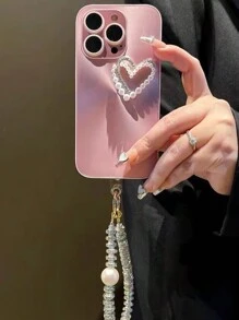 High-End 3d White Pearl Heart & Beautiful Gradient Pink Phone Case With Lens Film And Detachable Hand Strap, Compatible With Apple Iphone 15promax, Iphone14/12/11/13pro/14pro