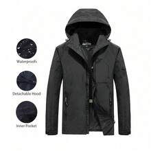 Men's Lightweight Windbreaker Jacket, Spring/Autumn Casual Stand Collar Jacket With Removable Hood For Outdoor Activities - Black - View 1