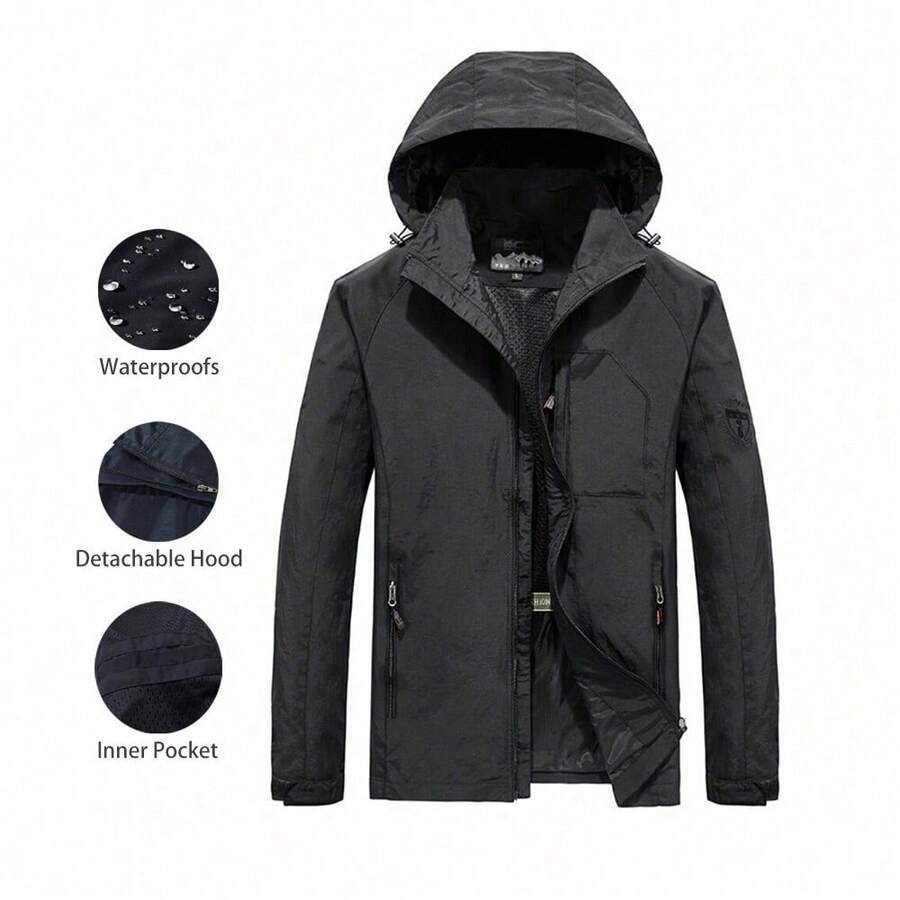 Men's Lightweight Windbreaker Jacket, Spring/Autumn Casual Stand Collar Jacket With Removable Hood For Outdoor Activities - Black - View 1