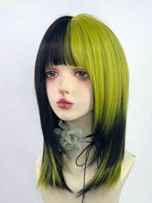 Synthetic Short Straight Green Black Layered Mix Wig With Bangs Women Fluffy Lolita Cosplay Hair Wig For Daily Party - Green - View 4