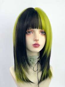 Synthetic Short Straight Green Black Layered Mix Wig With Bangs Women Fluffy Lolita Cosplay Hair Wig For Daily Party - Green - View 3