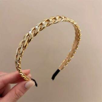 1件韩国进口复古金属链条发箍，细边设计，压扣式发夹，多功能头饰，适合户外活动、街头风发饰、金色头饰、发箍、发圈头带等。