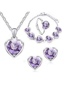 5 件/套全新水晶心形首飾套裝,非常適合婚禮或新娘禮物。包括項鍊、耳環、戒指和手鍊 - 水晶心形 - 查看 8