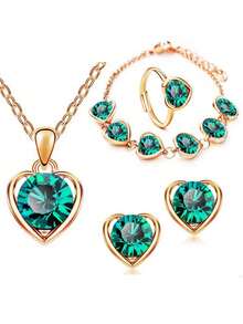 5 件/套全新水晶心形首飾套裝,非常適合婚禮或新娘禮物。包括項鍊、耳環、戒指和手鍊 - 水晶心形 - 查看 7