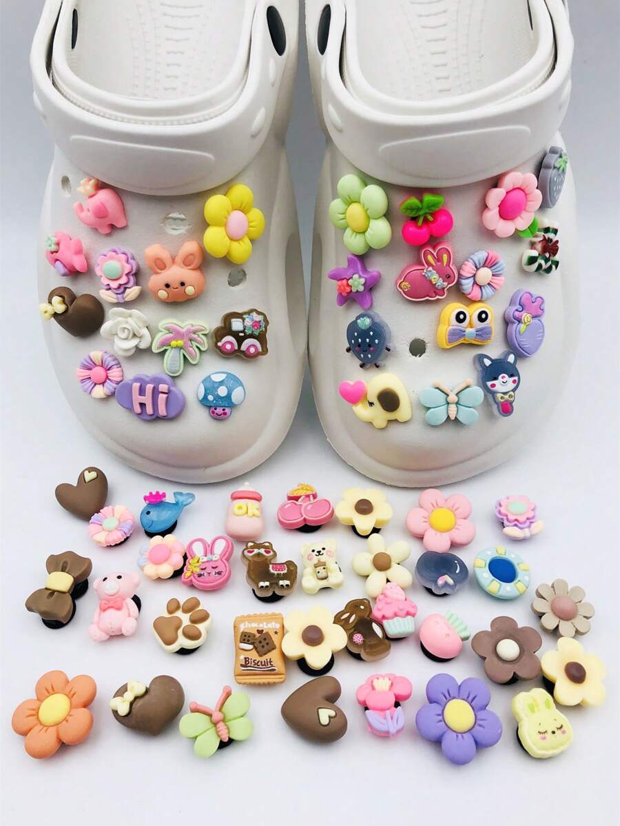 30pcs/Set Cute Cartoon Resin Bear & Flower Shoe Charms (Random Styles) - Multicolor - View 1