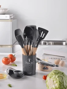 14 Pcs Silicone Cooking Kitchen Utensils Set With Holder, Wooden Handles  Non Toxic Silicone Turner Tongs Spatula Spoon Kitchen Gadgets Utensil Set For Nonstick Cookware (Dark Grey) - Dark Grey - View 4
