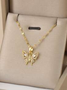 1pc Rhinestone Butterfly Design Stainless Steel Necklace For Women, Festival Gift - Yellow Gold - View 1