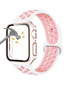 运动硅胶表带和表壳组合套装，兼容 Ultra/11/10/9/8/7/6/5/4/Se，40/41/42/44/45/46/49 毫米，镂空双色，柔软透气硅胶表带，硬质 PC 和高清钢化玻璃一体式表壳，男女适用 - 白配粉 - 查看 3