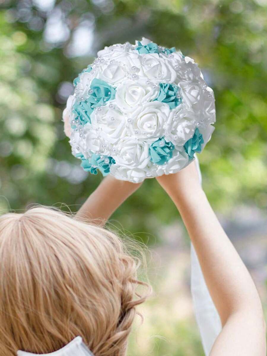 11inch Blue Wedding Bouquets For Bride Bridesmaid Artificial Roses Flowers Bridal Bouquet For Rustic French Vintage Formal Wedding Home Decoration - Blue - View 1
