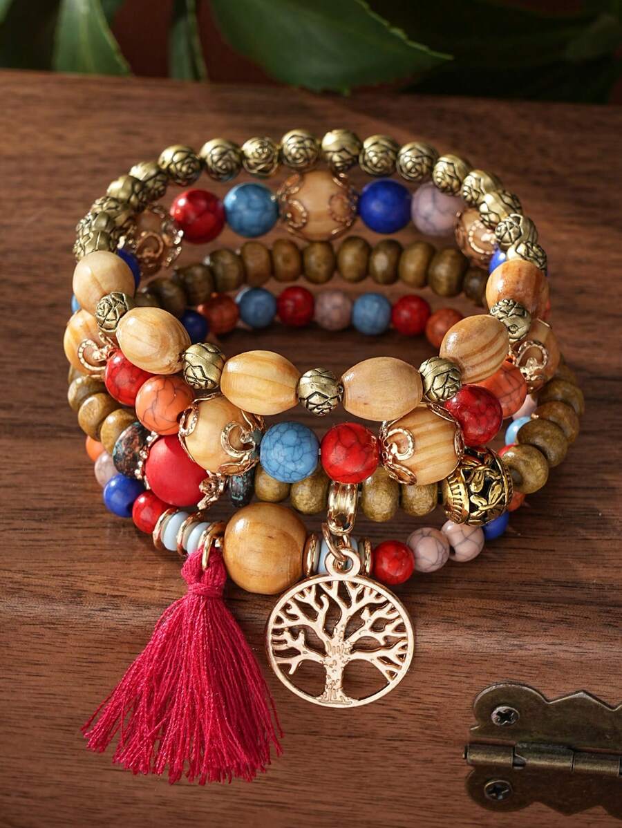 4 件套波西米亚风流苏生命树吊坠多层木珠手链 - 深混色 - 查看 1