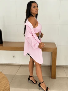 Women Blouses - 粉紅色條紋 - 查看 2