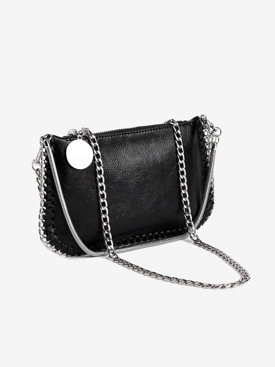 Handmade Silver Metallic Color Chain Details Croissant Shape Bag With Multiple Usage, Can Be Used As Handbag, Shoulder Bag, Crossbody Bag - màu đen - Xem 1