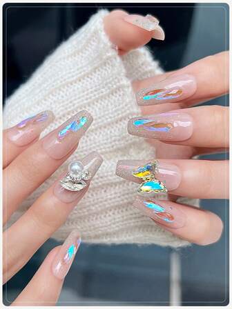 GIRL PLUS ‌GIRLPLUS [Butterfly Dance] 10-Piece Pure Handmade False Nails Short/Medium-Long Coffin-Shaped Press-On Nails With Butterfly Diamond Decor, Nude Gradient Press-On Nails, Pearl And Diamond Aurora Glitter Shimmer, Ins-Style Fashion Nail Set For Women And Girls, Bulingbuling Sparkle, AB-Style DIY