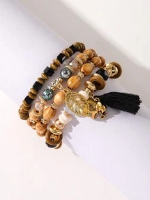 4入組波西米亞風格木珠和壓克力珠混搭吊墜彈性手鍊,帶華麗大象、葉子和流蘇,適用於女性 - 彩色 - 查看 9