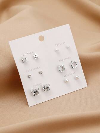 6對波西米亞風格蝴蝶、幾何形狀、五角星和仿珍珠釘耳環和圈形耳環套裝,適用於女性,在禮物,派對和假期中使用