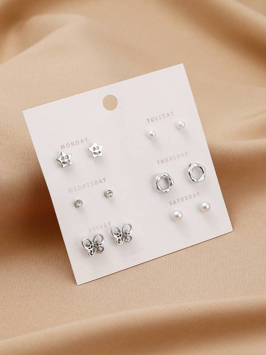 6對波西米亞風格蝴蝶、幾何形狀、五角星和仿珍珠釘耳環和圈形耳環套裝,適用於女性,在禮物,派對和假期中使用 - 銀色 - 查看 1