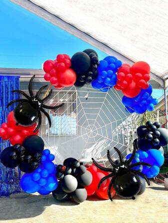 2pcs/125pcs Set Black Spider Foil Balloon Arch Kit, Includes Red, Black, Blue Latex Balloons, For Halloween Party, Halloween Decor, Graduation, Spider Theme, Birthday Party, Outdoor Entrance Decor, Spider Party Atmosphere Decoration Props, Spider Theme Birthday Party Supplies