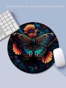 1入寫有英文字母和蝴蝶設計的圓形滑鼠墊,具有防滑橡膠底,可洗的遊戲滑鼠墊,適用於辦公室和家庭使用 - 彩色 - 查看 5