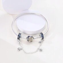1 Pc 925 Silver Plated Exquisite Blue Summer Ocean Shell Starfish Conch Silicone Stopper Chain Charm Fit Original Bracelet Necklace Pendant Beads For Diy Jewelry Making Women Girl Holiday Jewellery Gift - Silver - View 2