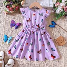 Young Girl Sweet Butterfly Printed Flutter Sleeve Dress For Summer - Purple - View 7