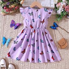 Young Girl Sweet Butterfly Printed Flutter Sleeve Dress For Summer - Purple - View 2