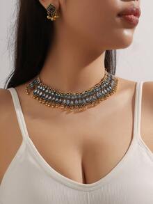 3入組金屬鏈扇形吊墜,鑲嵌雙排鑽石裝飾的女性豪華時尚珠寶套裝 - 項鍊耳飾套裝 - 查看 15