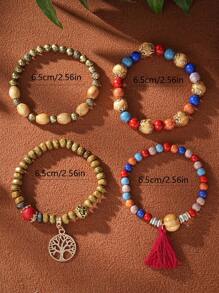 4 件套波西米亚风流苏生命树吊坠多层木珠手链 - 深混色 - 查看 4