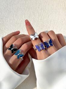 5pcs/Set Stylish And Elegant Lady Ring Set With Metallic Butterfly And Open Design, Suitable For Personalized And Unique Taste - 5 Piece Ring Set - View 6
