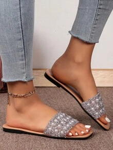 Dép đế bằng trang trí ngọc trai & kim cương giả, Giày mùa hè mũi vuông hở mũi thông thường, Giày đi biển nhẹ - Màu be - Xem 5