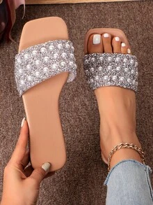 Dép đế bằng trang trí ngọc trai & kim cương giả, Giày mùa hè mũi vuông hở mũi thông thường, Giày đi biển nhẹ - Màu be - Xem 1