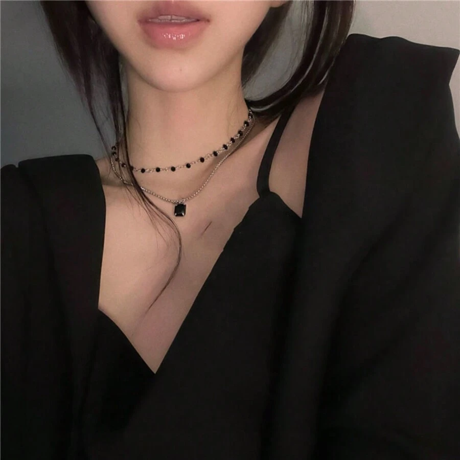 1入新款簡約奢華雙層黑鑽項鍊,女士鎖骨鏈 - 黑色 - 查看 1