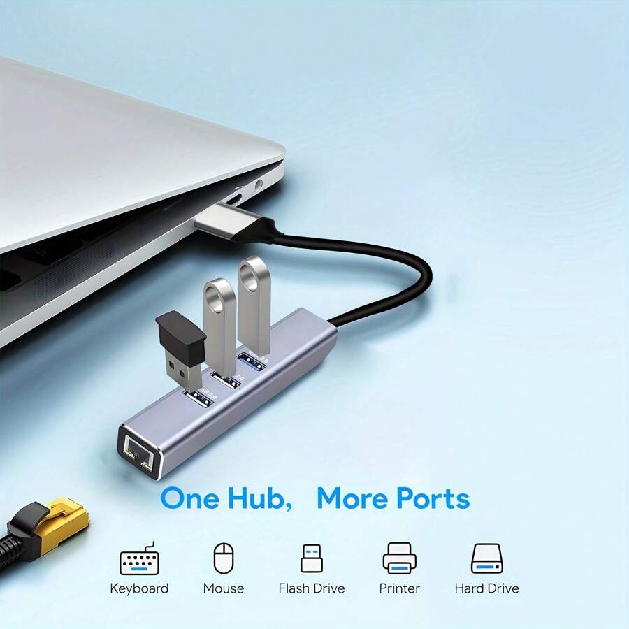 Usb 3.0 To Ethernet Adapter Gigabit With Ethernet Port & Aluminum 4-In-1 Usb Hub, Rj45 Lan Network Adapter Compatible With Imac, Pc, Chromebook Laptop, Etc. - Grey - View 1