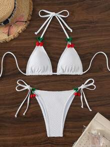 New Fashionable Cute 3D Cherry Decorated Fresh Style Swimwear Set - White - View 1