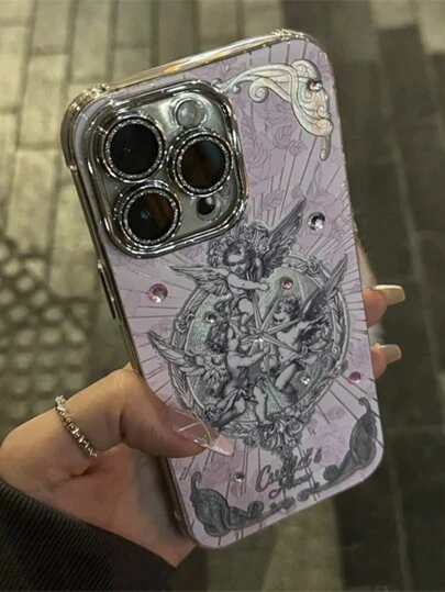 Funda de teléfono con diseño de ángel cupido estilo europeo retro de Apple, compatible con iPhone 16, 15, 14, 13, 12 Pro Max, 11, con protección de lente brillante, cubierta de concha láser de aurora de lujo, resistente al agua, a los golpes y a los arañazos