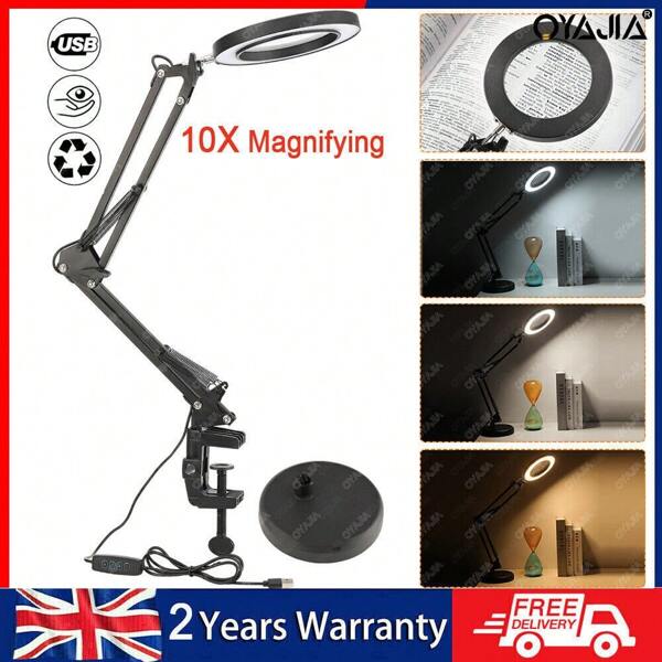 OYAJIA LED Magnifying Lamp,Adjustable 10X Magnifier Desk Lamp With 3 Colors 4.13" Diameter Glass USB Magnifying Lamp With Adjustable Swivel Arm (Black)