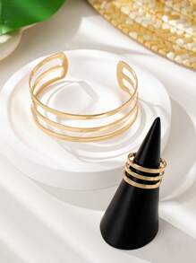 1 Set Di Braccialetto Con Anello Di Linea Cava In Metallo Alla Moda Personalizzato Per Donne, Regalo Per Le Vacanze - Oro giallo - Visualizzare 5