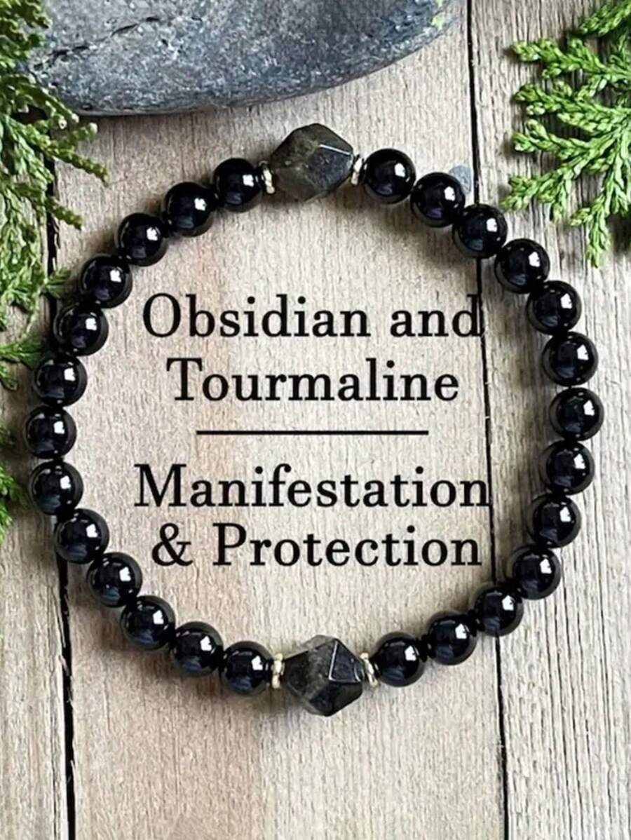 YAUKIA 1pc Black Tourmaline Obsidian Crystal Bracelet,Protection Bracelet, Crystal Bracelet - Black - View 1