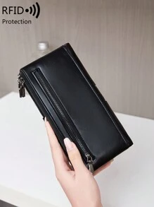 MIYIN RFID Blocking Bifold Large Capacity Women's Wallet Retro Zipper Soft Leather With Multiple Card Slots & ID Window For Credit Card/ ID Card/ / Cash/Cell Phone Quilted Detail Card Holder Clutch Bag For Lady Robber For Men Wallet Purse Wallet Long Wallet