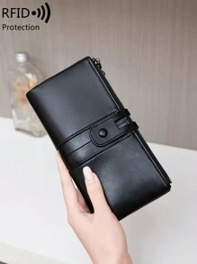 MIYIN RFID Blocking Bifold Large Capacity Women's Wallet Retro Zipper Soft Leather With Multiple Card Slots & ID Window For Credit Card/ ID Card/ / Cash/Cell Phone Quilted Detail Card Holder Clutch Bag For Lady Robber For Men Wallet Purse Wallet Long Wallet