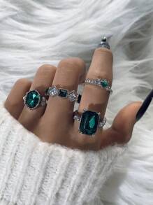 imoli 4pcs/set Minimalist Alloy & Rhinestone Geometric Ring Set, Women's Date Gift - Silver - View 5