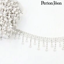 Perlon Joon 1 Set Bridal Wedding Shoes Decorative Accessories - Crystal Ribbon, Pearl, Rhinestone Trim, Tassel Chain - Silver - View 1