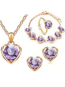 5 件/套全新水晶心形首飾套裝,非常適合婚禮或新娘禮物。包括項鍊、耳環、戒指和手鍊 - 水晶心形 - 查看 12