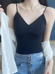 Ice Silk Ribbon Design Padded Sexy One-Piece Camisole Top With Built-In Bra - Black - View 2