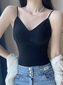 Ice Silk Ribbon Design Padded Sexy One-Piece Camisole Top With Built-In Bra - Black - View 1