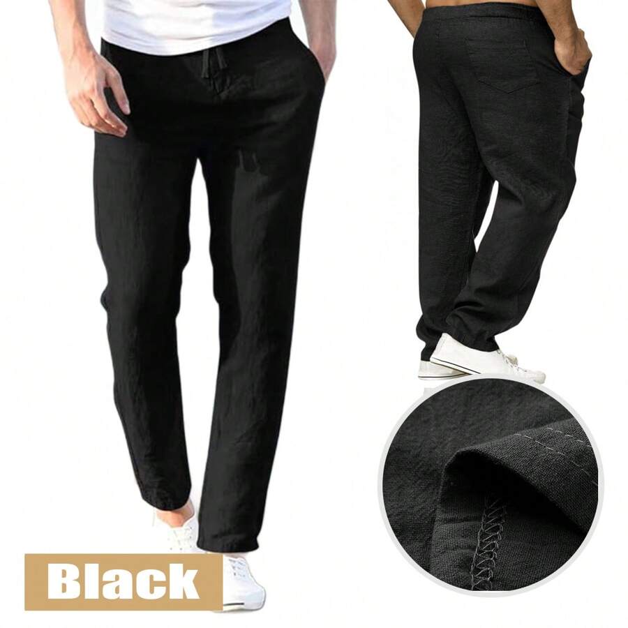 Pantalones de algodón de lino para hombre, informales, holgados, con cintura elástica y lazo de color sólido - Negro - Ver 1